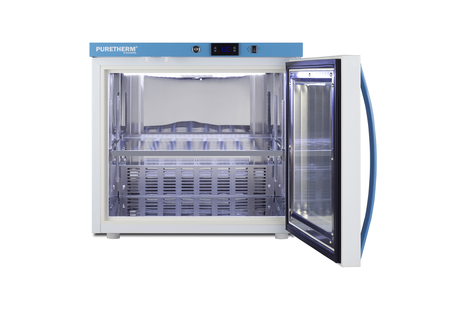 Performance Series tabletop hospital blanket warmer with a self-closing glass door, stainless steel interior, digital thermostat, and lock